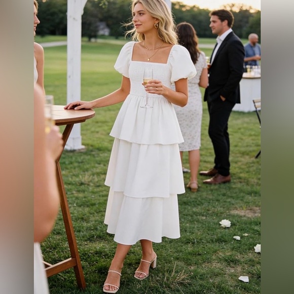 Boho Puff Sleeve Modest Midi Square Neck Dress | Easter Dress, Wedding Dress - Picture 2 of 5